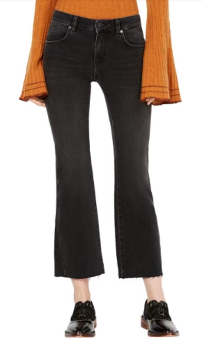 Free People Women 28 Black Stretch "Rita" Flare Frayed Hem Cropped Denim Jeans